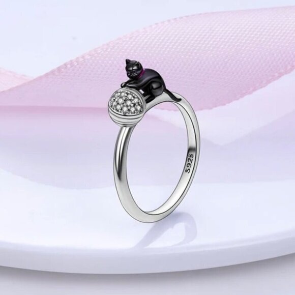 NWT Black Cat With Yarn Ring S925 Sterling Silver Stamped Sz.8 - Picture 9 of 10